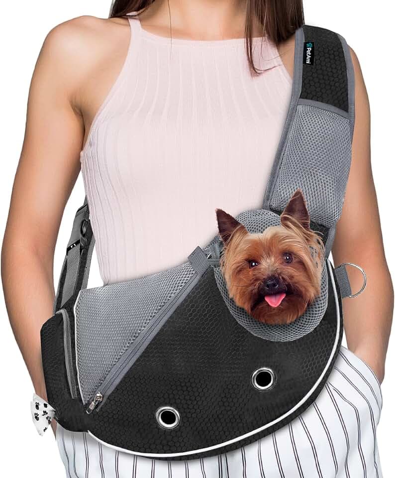 PetAmi Small Dog Sling Carrier, Puppy Cat Hands-Free Purse, 10 lb, Black