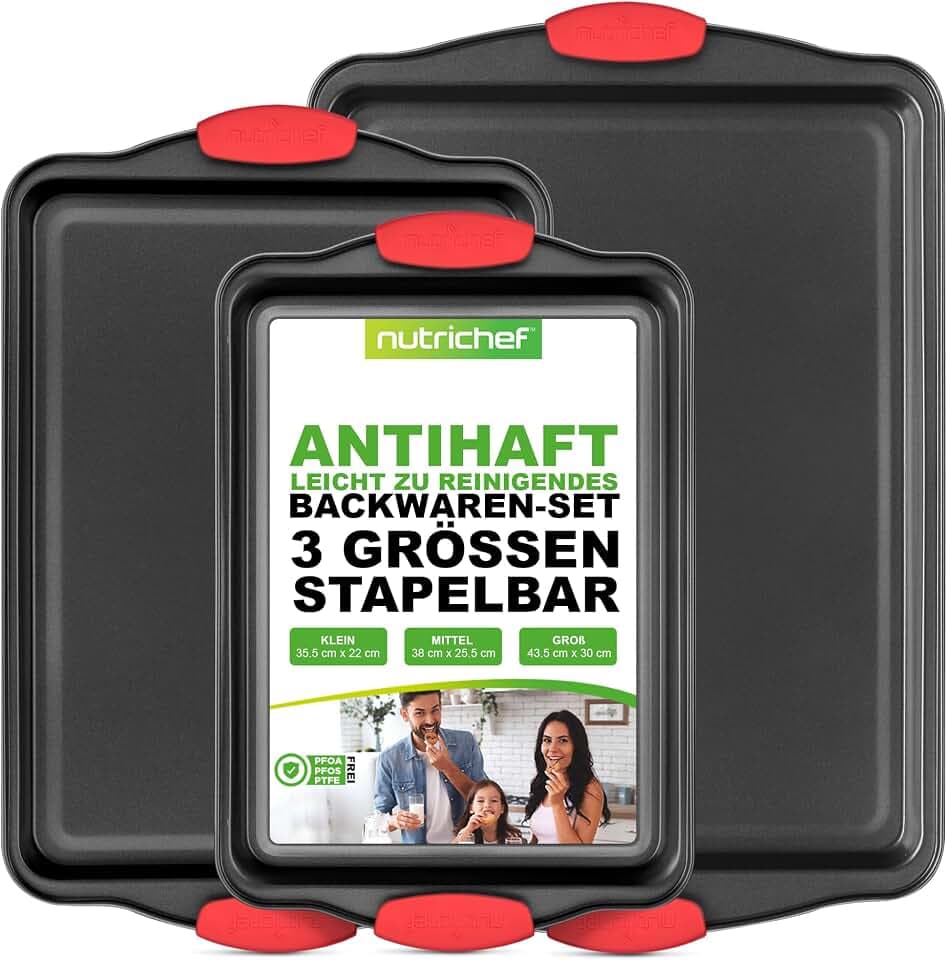 NutriChef Backblech Set 3-teilig – Antihaft Backform rechteckig stapelbar aus Kohlenstoffstah Spülmaschinenfest | Hitzebeständig bis 230°C | Auflaufform & Kuchenform Set