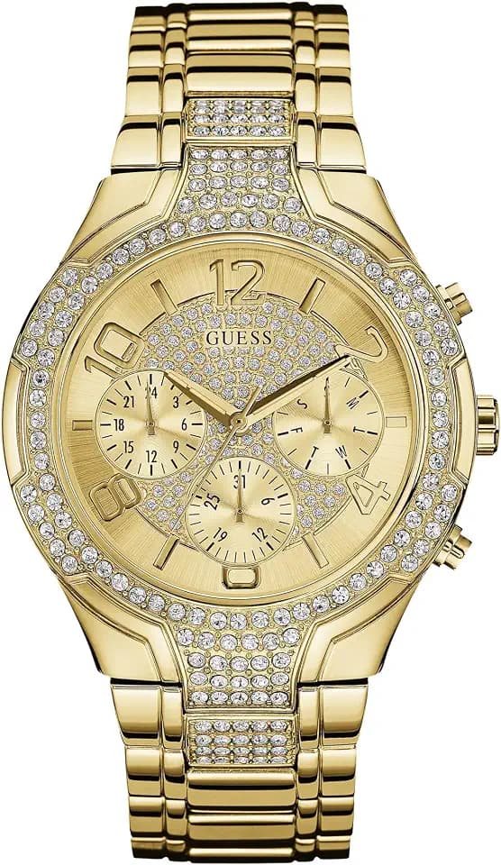 GUESS Women's Gold-Tone Stainless Steel Crystal Embellished Bracelet Watch with Day, Date + 24 Hour Military/Int'l Time. Color: Gold-Tone (Model: U0628L2)