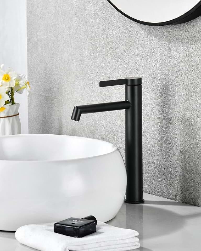 APPASO Wasserhahn Bad Schwarz, waschtischarmatur, armatur badezimmer, wasserhahn schwarz bad, mischbatterie waschbecken, einhebelmischer waschbecken, waschtischarmatur hoch, mit Auslaufhöhe 210 MM Hig