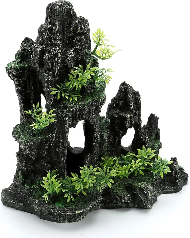Große Aquarium-Dekoration, Bergblick, Stein, extra große Aquarium-Dekoration mit mehreren Höhlen, Kunstharz, Steingarten, Ornament für kleine Fische, Betta-Höhle, Aquarium-Versteck, Baumhaus