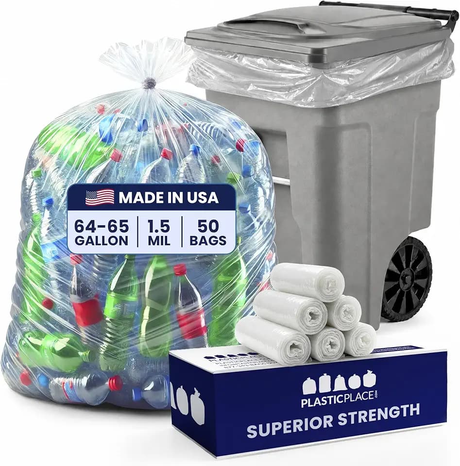 Plasticplace 64-65 Gallon Trash Can Liners for Toter │ 1.5 Mil │ Clear Heavy Duty Garbage Bags │ 50” X 60” (50Count) (W65LDCTL)