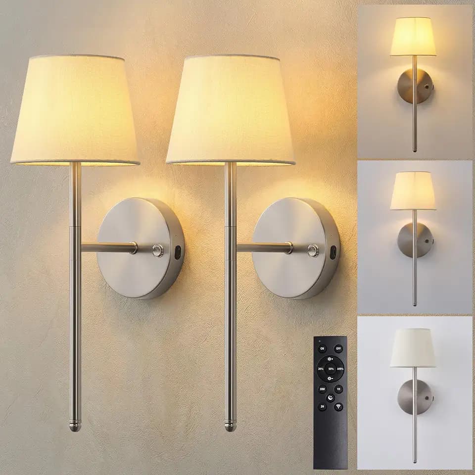 Cordless Small Wall Sconce Set of 2, Nickel Rechargeable Wall Light