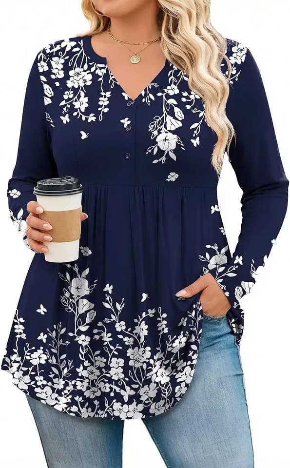IN'VOLAND Plus Size Tops for Women Long Sleeve Henley Shirts Flowy Blouse