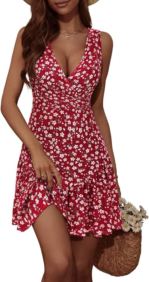 FENSACE Women Summer Sleeveless Sexy Wrap V Neck Mini Dress