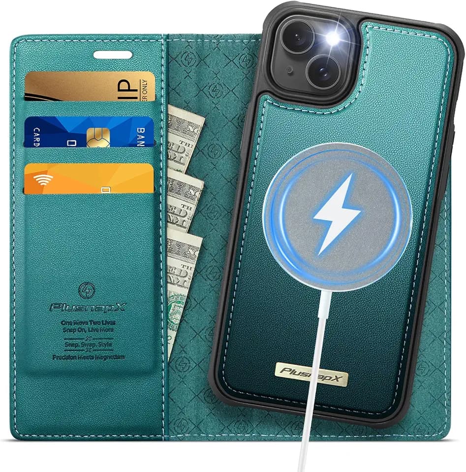 for iPhone 15 2-in-1 Detachable Wallet Phone Case, Blue Green