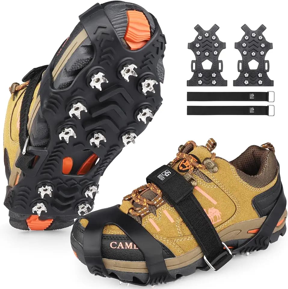 BOGI Crampons, Ice Cleats for Shoes and Boots with 12 Stainless Steel Spikes Non-Slip Ice Shoes Grippers Traction Cleats for Snow Ice, Winter Hiking, Walking, Fishing, Climbing for Women Men Kids