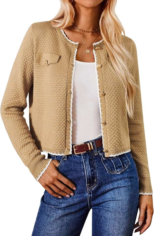 GRACE KARIN Damen Elegante Strickjacke Zweifarbiger Langarm Cardigan mit Knöpfen Lässige Gestrickter Jacke