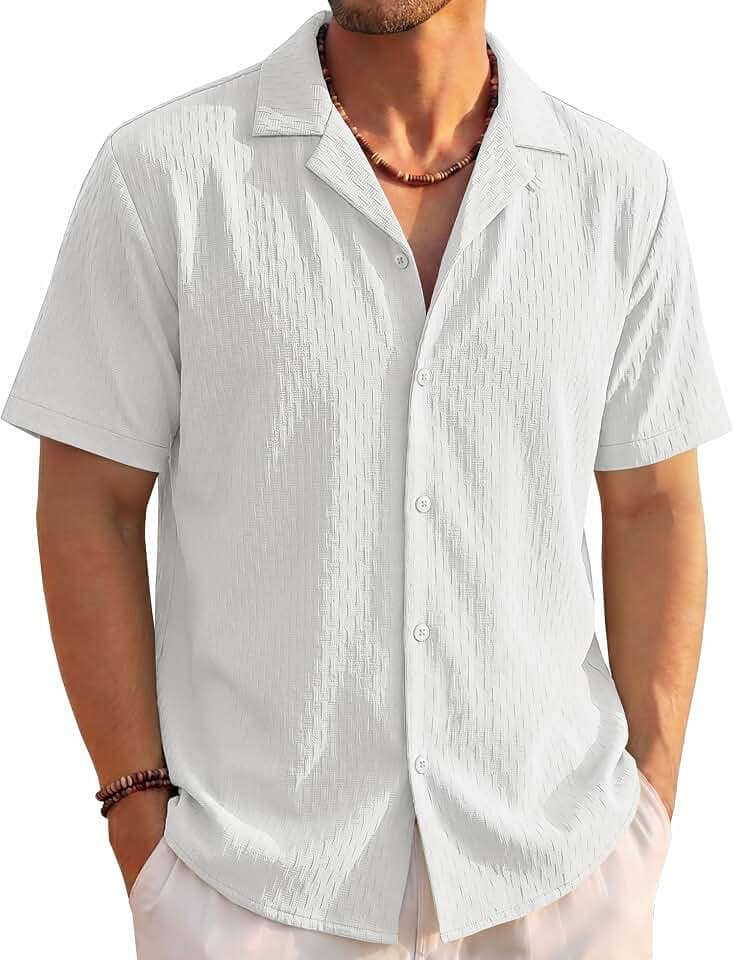 EKLENTSON Mens Button Down Shirts Short Sleeve Textured Summer Beach Shirt