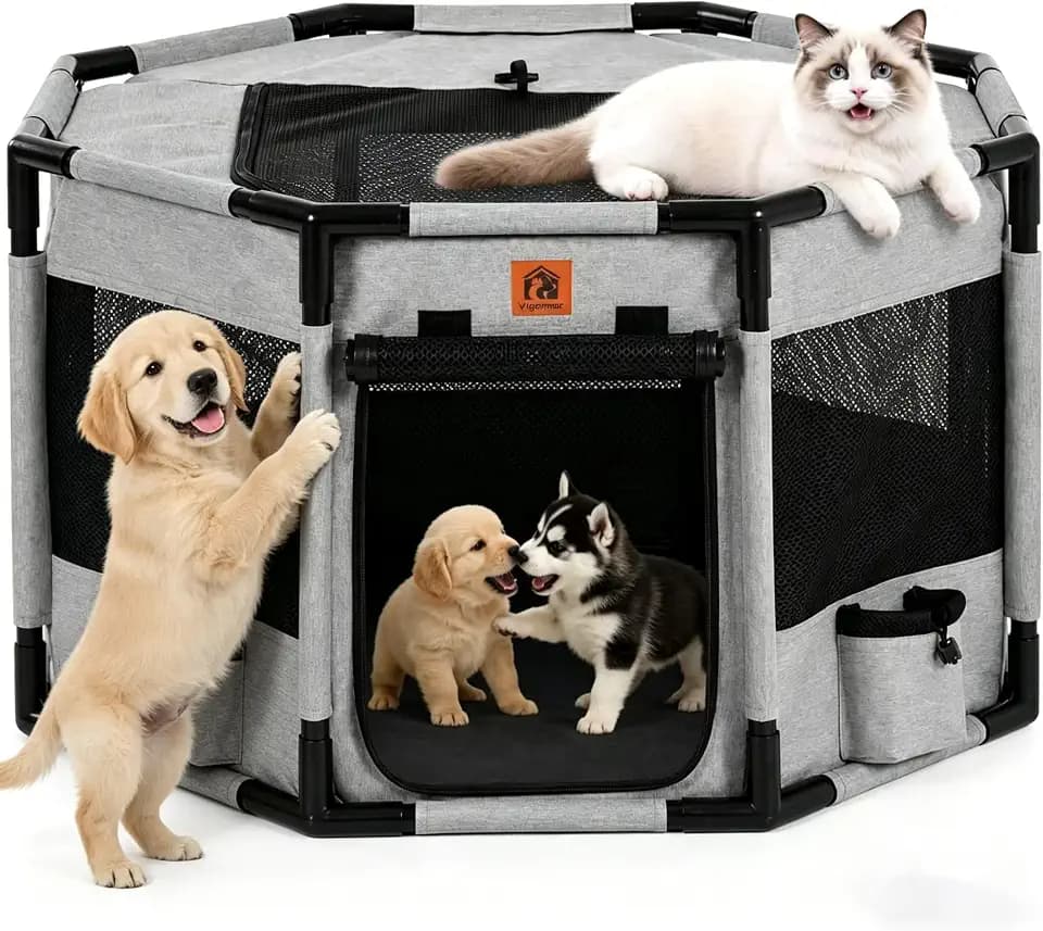 Enclosed Pet Playpen, Portable Cat & Puppy Playpen with Sturdy PVC Pipe Frame and Scratch-Resistant Fabric, Soft Kennel Crate Fence for Pet Indoor Outdoor Use (Small Size, 28x28x16.9 Inches)