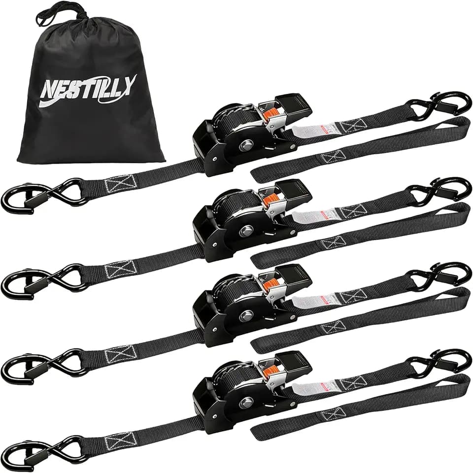Retractable Ratchet Straps with Soft Loop (4-Pack) - 1 Inch x 10 Feet (1650lb Break Strength) -Heavy Duty Auto Self Retracting Tie Down Straps for Truck, Cargo Trailer, Motorcycle, ATV, UTV - Black