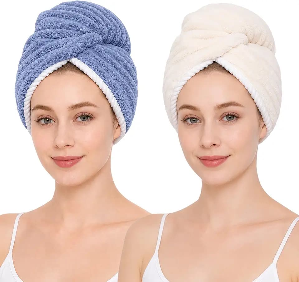 2 Pack Microfiber Hair Towel Wraps, Quick Dry Turbans, White & Blue
