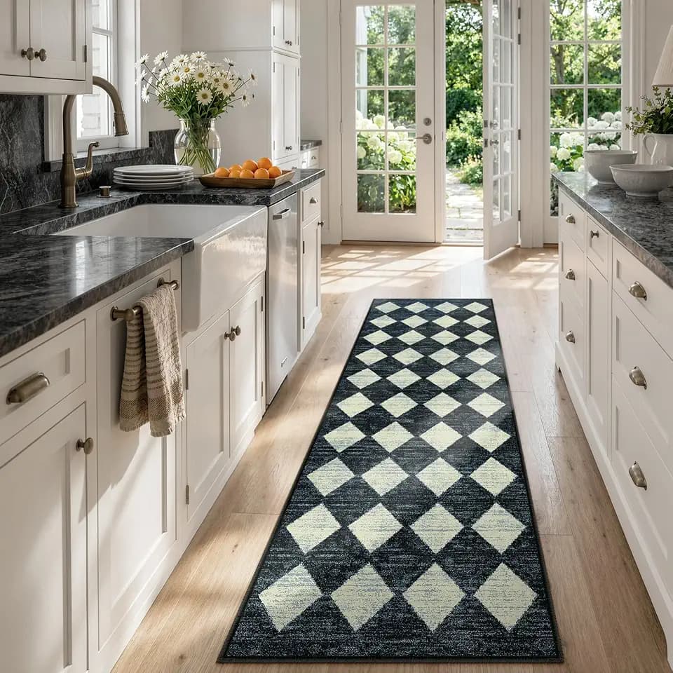 Checkered Kitchen Runner Rug 2x6 Black, Non Slip Washable Hallway Bathroom