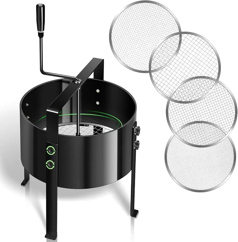 5-in-1 Gartensieb Handkurbelsieb aus Metall Ø30cm mit 4 Sieben (3/6/9/12mm), Effizientes Sieb für Erde, Steine, Sand, Kompost, Unkraut – Austauschbare Siebe für Gartenarbeit