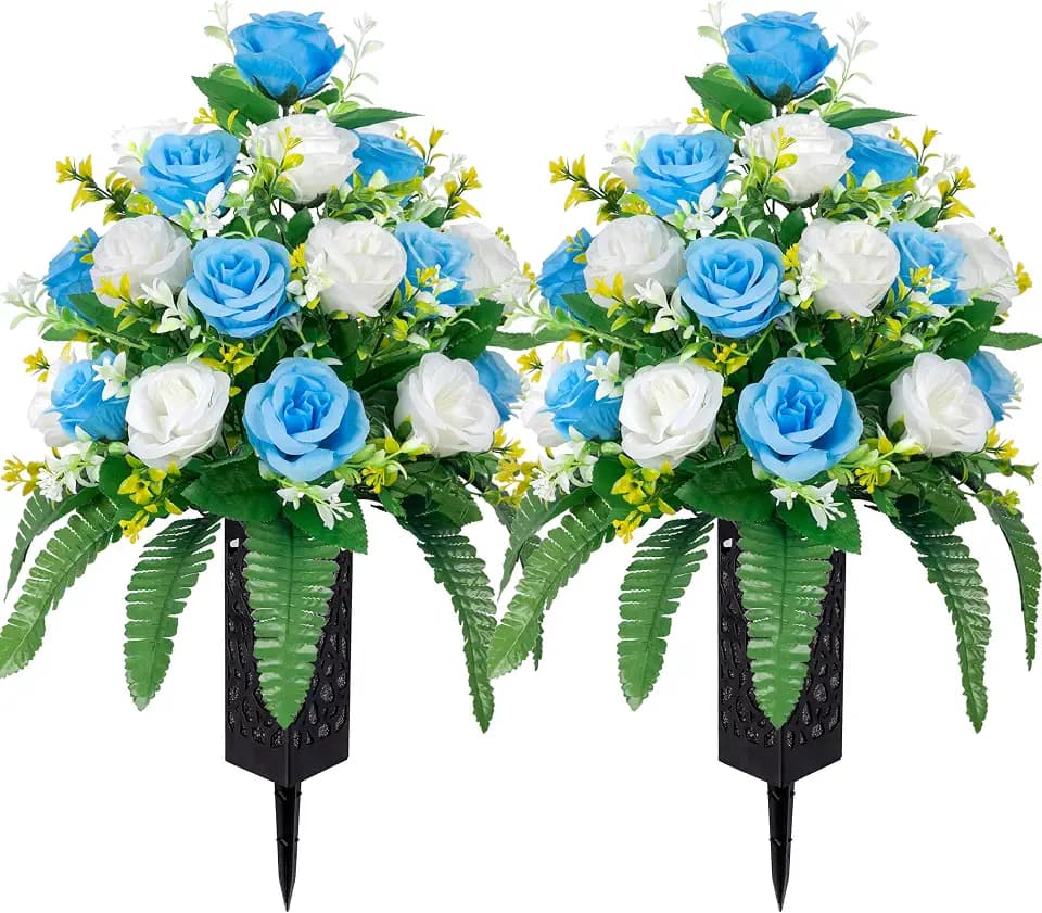 MOOMASS Artificial Cemetery Flowers – Grave Decorations, Cemetery Flowers for Grave Vase, Artificial Rose, Silk Flowers for Long-Lasting Remembrance(Light Blue+White, 2 Bouquets)