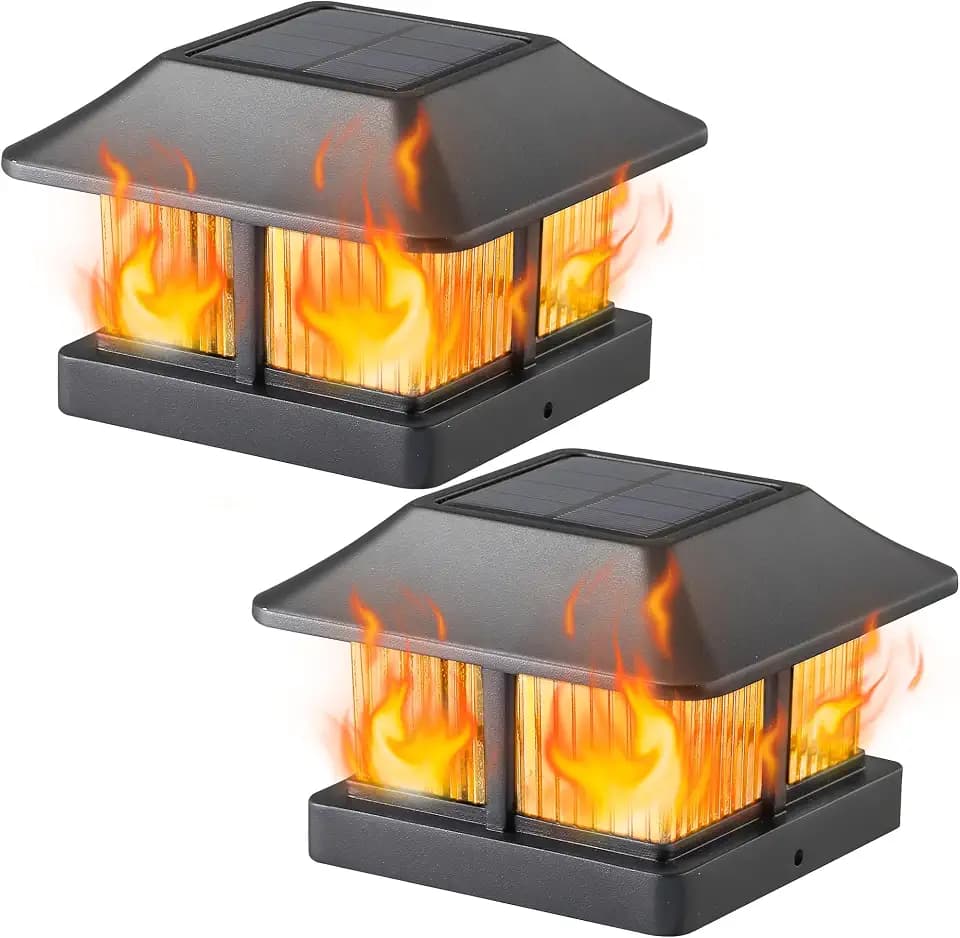 Dynaming Solar Flame Post Cap Lights Outdoor, Solar Powered Fence Post Light, Flickering Flame LED Lantern Lamps Waterproof for Garden Deck Patio, Fit 4x4 Wooden/Vinyl Posts, 2 Pack