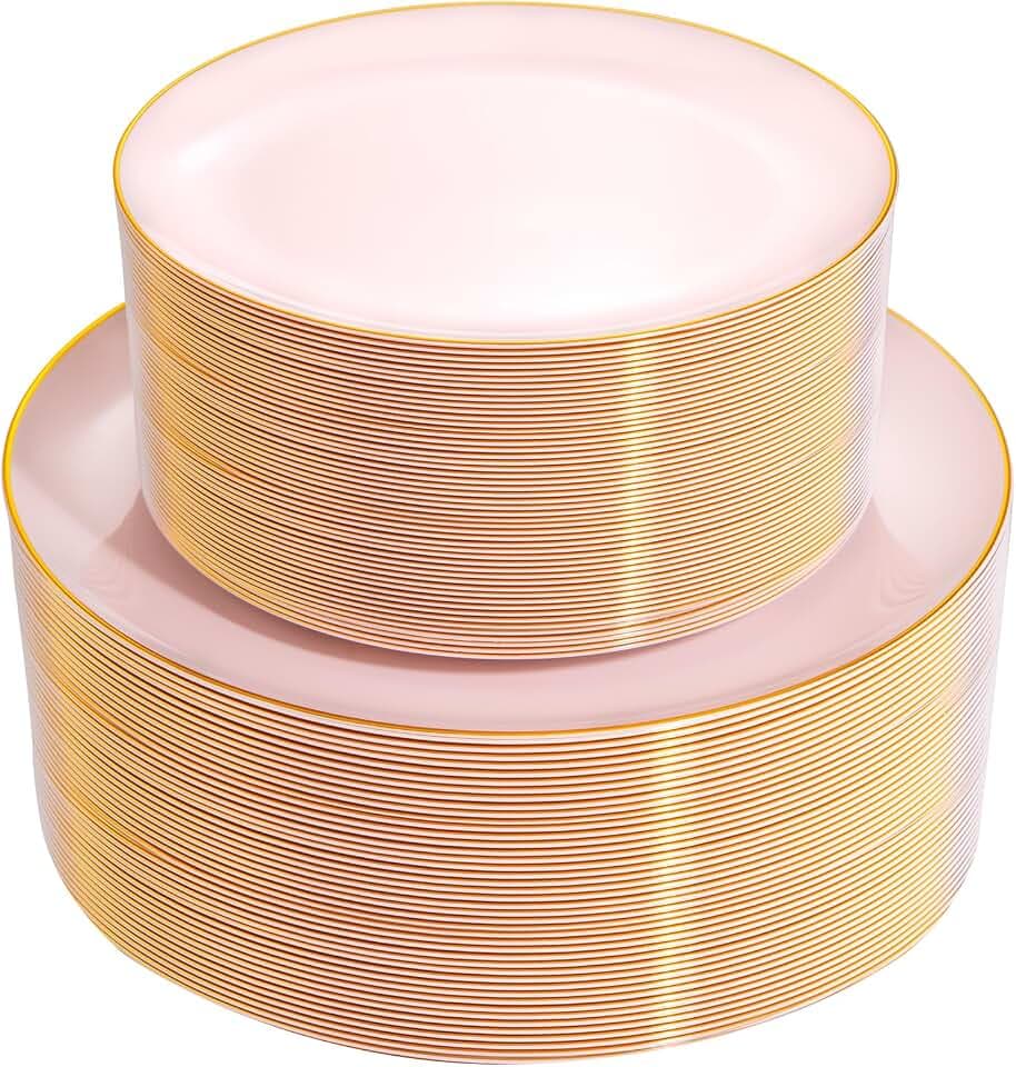 PULOTE 100PCS Pink Plastic Plates - Heavy Duty Pink and Gold Disposable for Party, Wedding, Mother's Day Include 50 Each (Dinner & Dessert) Plates