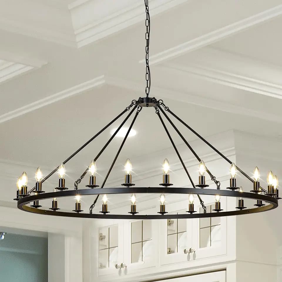 Black Wagon Wheel Chandelier 53-Inch 24-Light,Extra Large Round Rustic Farmhouse Chandelier Metal Circle Chandeliers for Dining Room Living Room High Ceilings