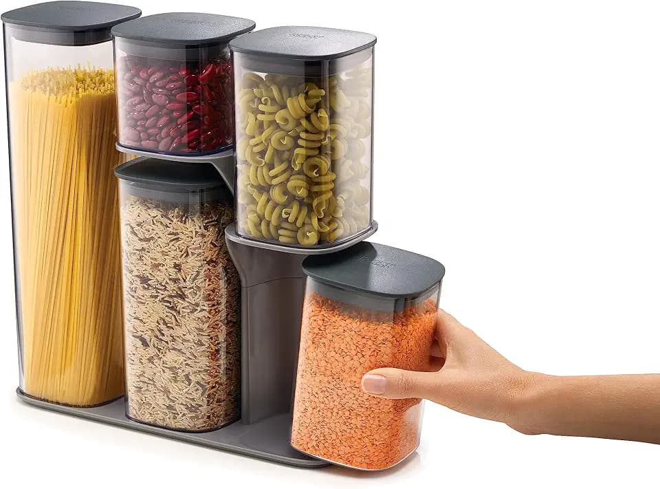 Joseph Joseph - Ensemble de 5 Boites de Rangement Cuisine, Hermetiques avec Support fonctionnel - Gris