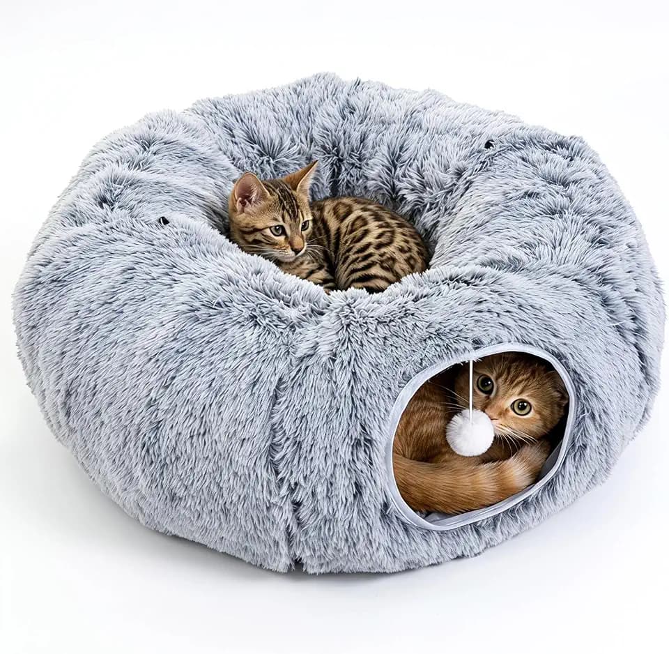 Cat Tunnel Bed for Indoor Cats, Plush Hideaway with Reinforced Frame