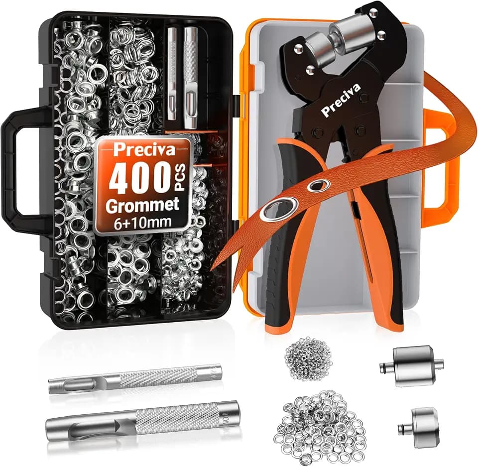 Preciva Ösenzange Austauschbar Zangekopf Ösenpresse mit Aufbewahrungsbox und 400 Ösen (200pcs Ø6mm und 200pcs Ø10mm) für PVC-Banner, Planen, Karton
