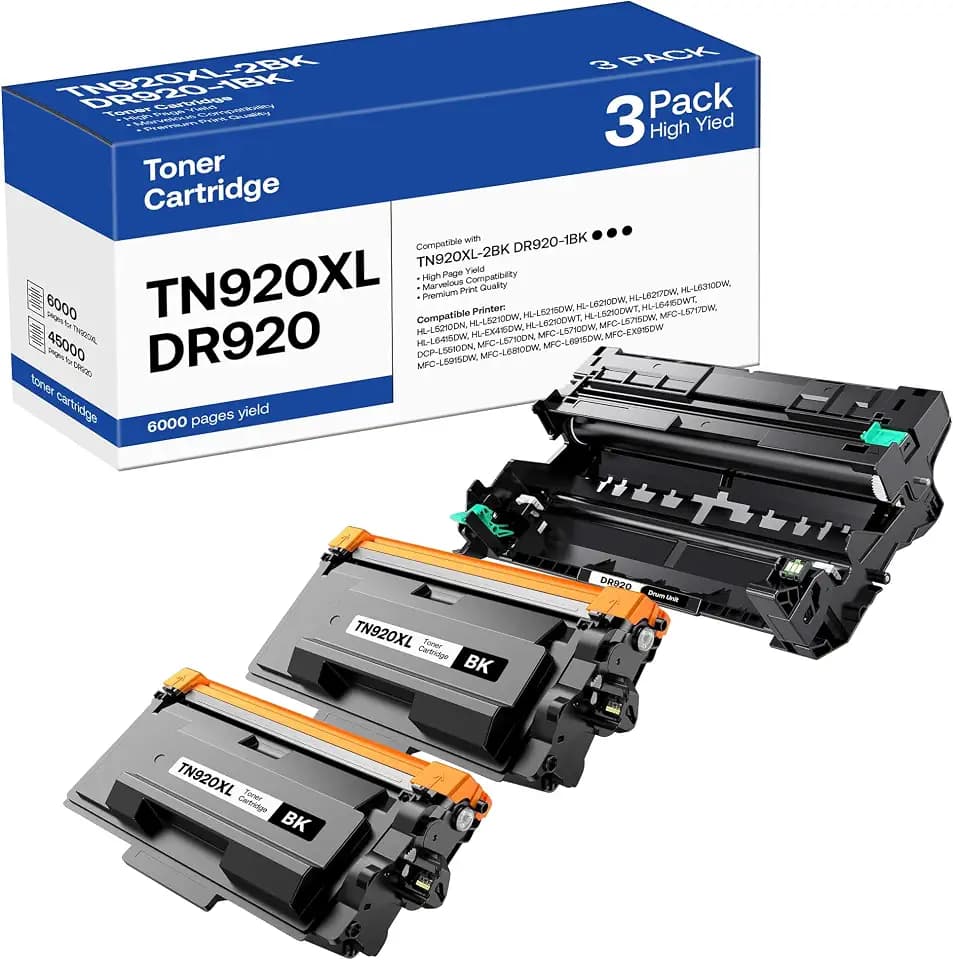 TN920XL Toner Cartridge and DR920 Drum Unit Compatible for Brother TN920 TN-920 DR920 DR-920 Work with HL-L6210DW HL-L5210DW HL-L6210DWT MFC-L6810DW HL-L5210DN Printer (2 Toners 1 Drum Unit)
