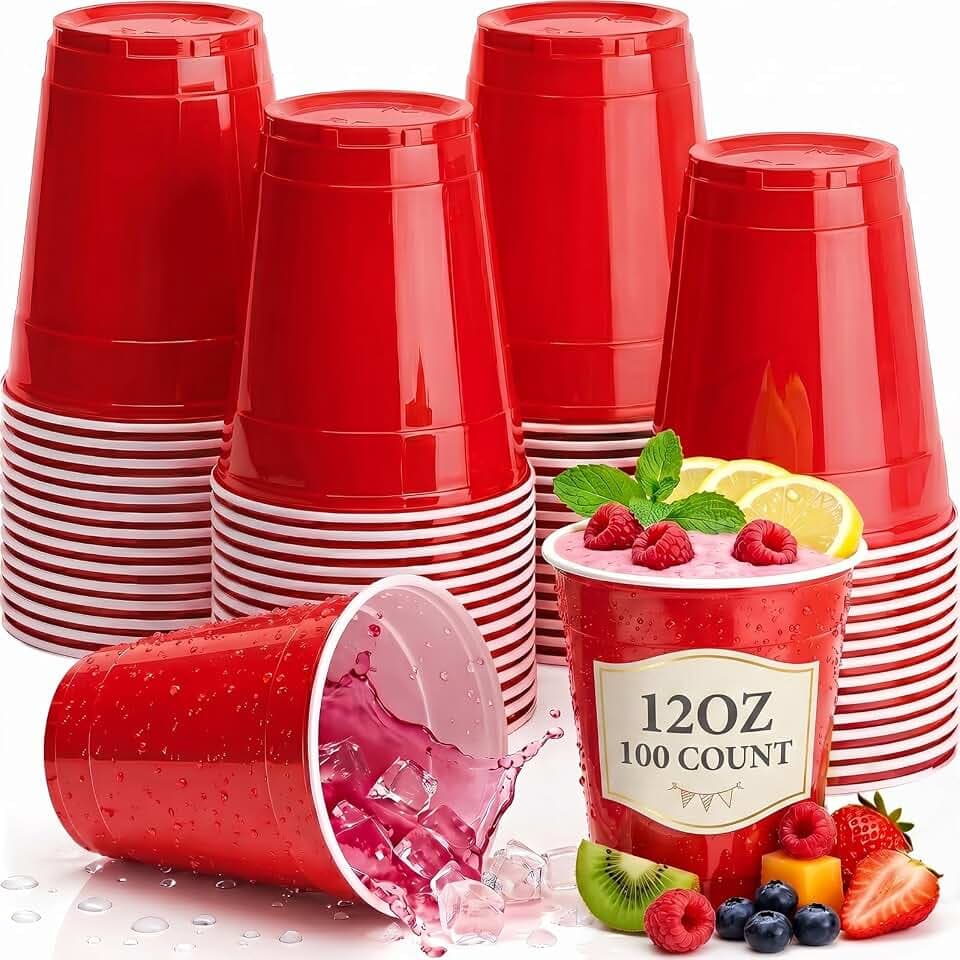 100 Count Red Plastic Cups, 12 Oz Red Cups for Party