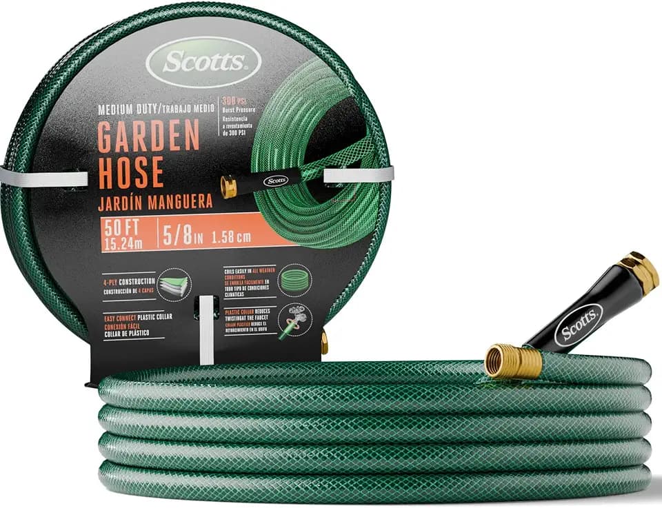 Scotts 50 ft. Medium Duty Garden Hose – 5/8 in. Diameter, 4-Ply Construction, 300 PSI, High-Pressure, Easy-to-Coil Water Hose with Crush-Resistant Couplings, Easy to Connect for Lawn and Garden Use