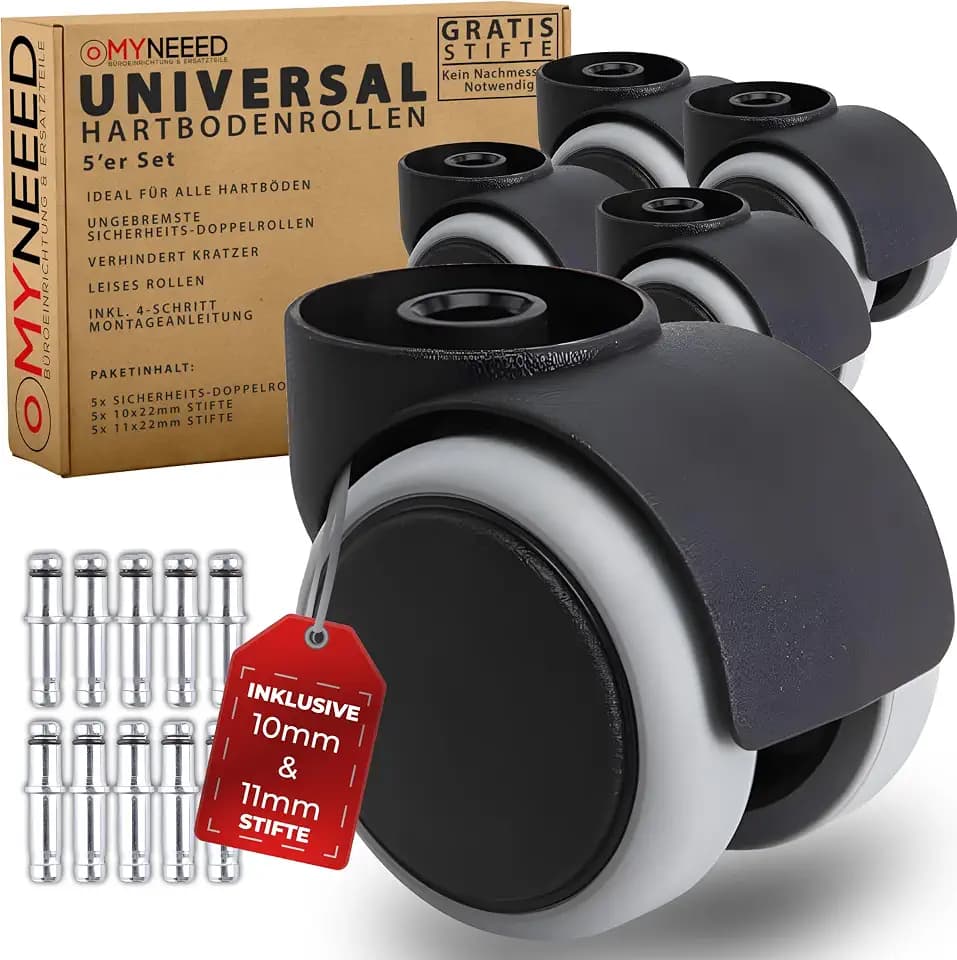 Universal Bürostuhl Rollen ohne Stifte, mit 10mm / 11mm Stifte - Hartbodenrollen Kratzerfrei und Leise - Bürostuhlrollen für Laminat Parkett Fliesen - Mit 4-Schritt Anleitung