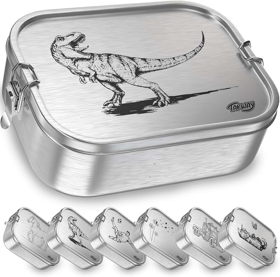 Edelstahl Brotdose mit Fächern 800ml – Auslaufsichere Lunchbox für Kinder & Erwachsene, Bento Box mit flexibler Unterteilung, für Kindergarten, Schule & unterwegs (Dino, 3-Fächer)