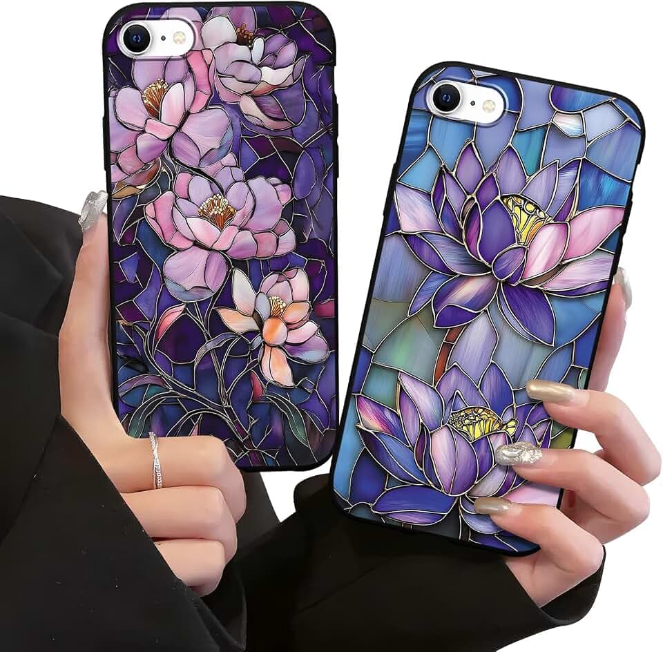 2 Pack Flower Case for iPhone SE 2022/SE 2020/8/7 4.7",Cute Floral Aesthetic Girly Purple Lotus Stained Glass Pattern Cases for Women Girls,Black Slim Protective Shockproof Cover SE 2022/2020