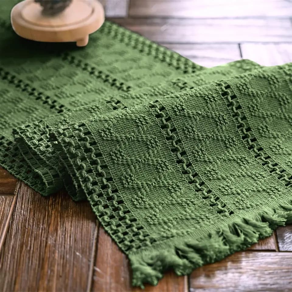 Macrame Table Runner Green Boho Table Runners with Tassels 12x48in