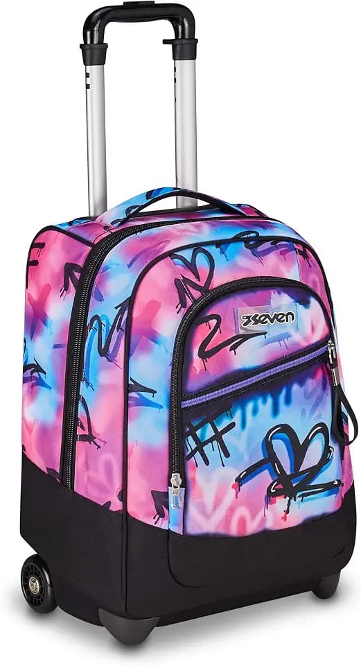 Seven Schulranzen mit Rollen, Schulrucksack Mädchen 1. klasse, Rucksack mit Trolley Funktion, 2 in 1 Trolley, rosa/schwarz