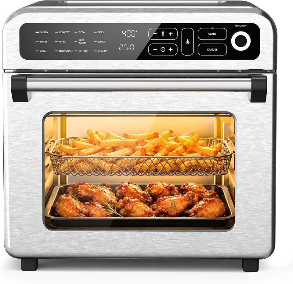 Electactic Air Fryer & Toaster Oven 25 QT, 12-in-1 functions, Air Fry, Broil, Keep Warm, Bake, Defrost, Ouchscreen Controls, Nonstick & 75-450℉, Dishwasher-Safe Accessories, Stainless Steel