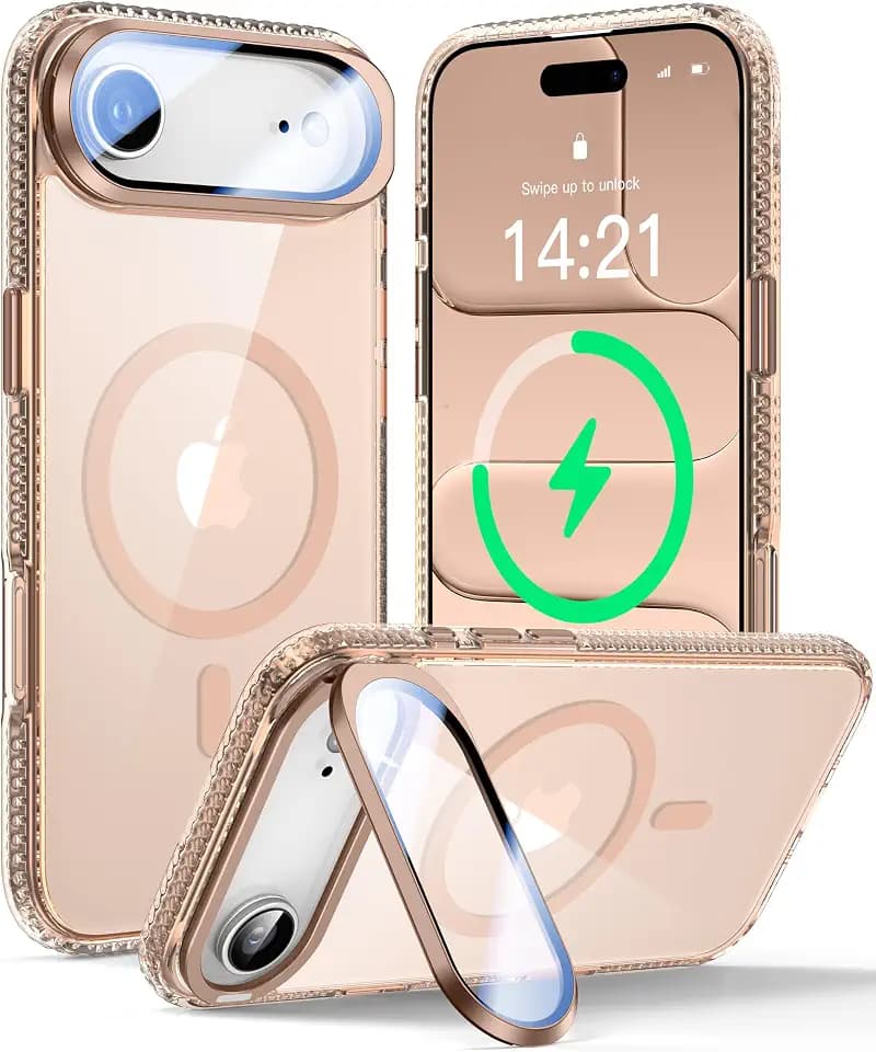 VOFATA [Upgraded Full Camera Protection] for iPhone Air Case with Camera Cover Stand [Fit for MagSafe][10FT Mil-Grade Protection] Transparent Magnetic Phone Cover for iPhone 17 Air Case, Clear Gold