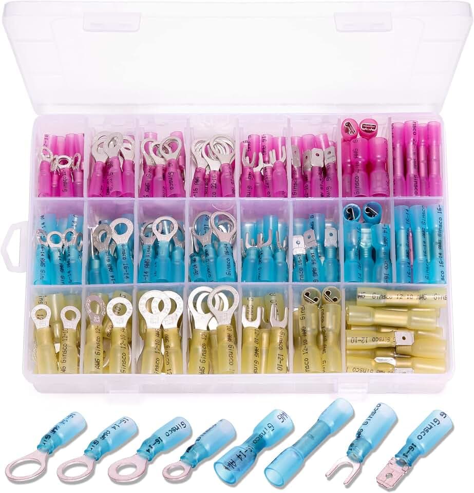 Ginsco 250Pcs Waterproof Heat Shrink Wire Connectors Kit Marine Automotive Electrical Connectors Crimp Terminal Set for Electrical Wiring Fork Spade Ring Butt Connector Assortment