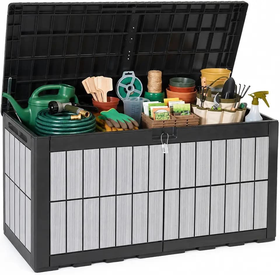 YITAHOME 134 Gallon Outdoor Deck box w/Wood-Grain Coating & Gas Spring