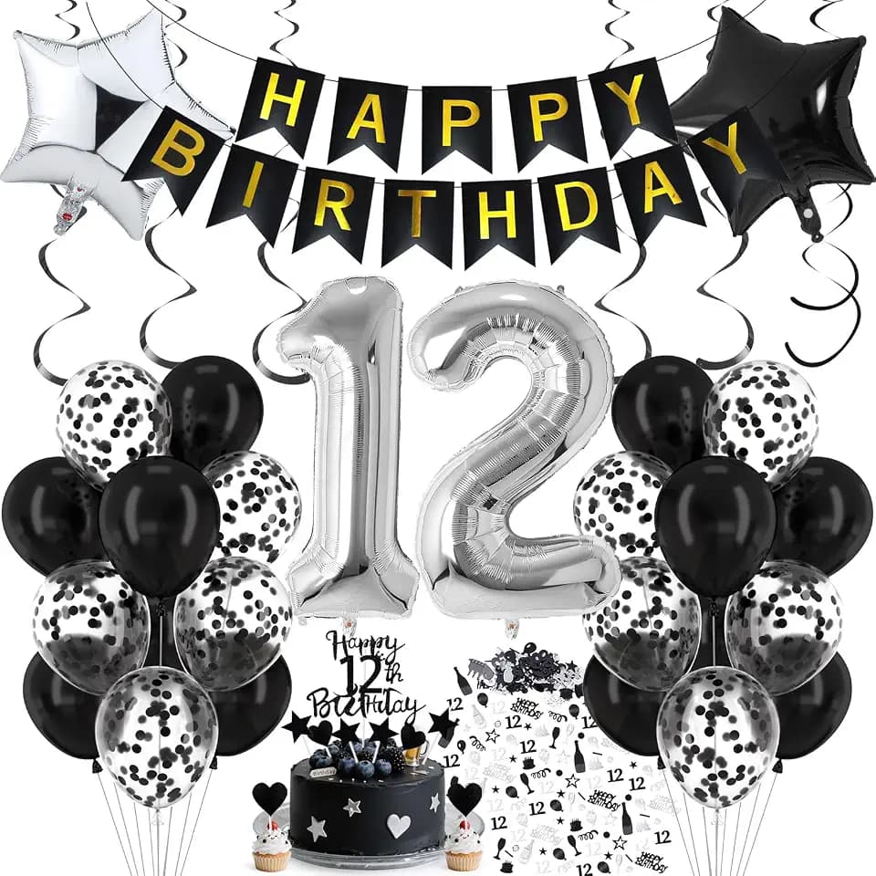 Cadimus Luftballon 12. Geburtstag Schwarz Silber, Deko 12. Geburtstag, Luftballon 12, Black and White Party Deko, Luftballons Schwarz Silber, Geburtstagsdeko für 12 Jahre Junge und Mädchen