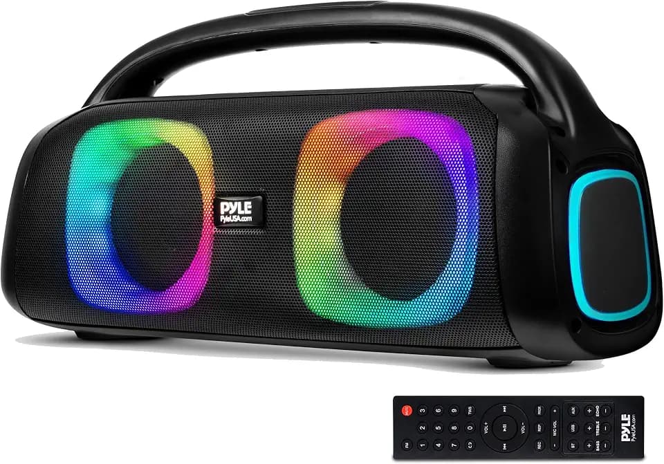Pyle Portable Bluetooth Speaker Boombox with Dual 5” High-Performance Wireless Speakers, 160W Power, Rechargeable Battery, Mic Priority, USB/Micro SD/AUX/FM Radio, LED Ring Light, Outdoor Speaker