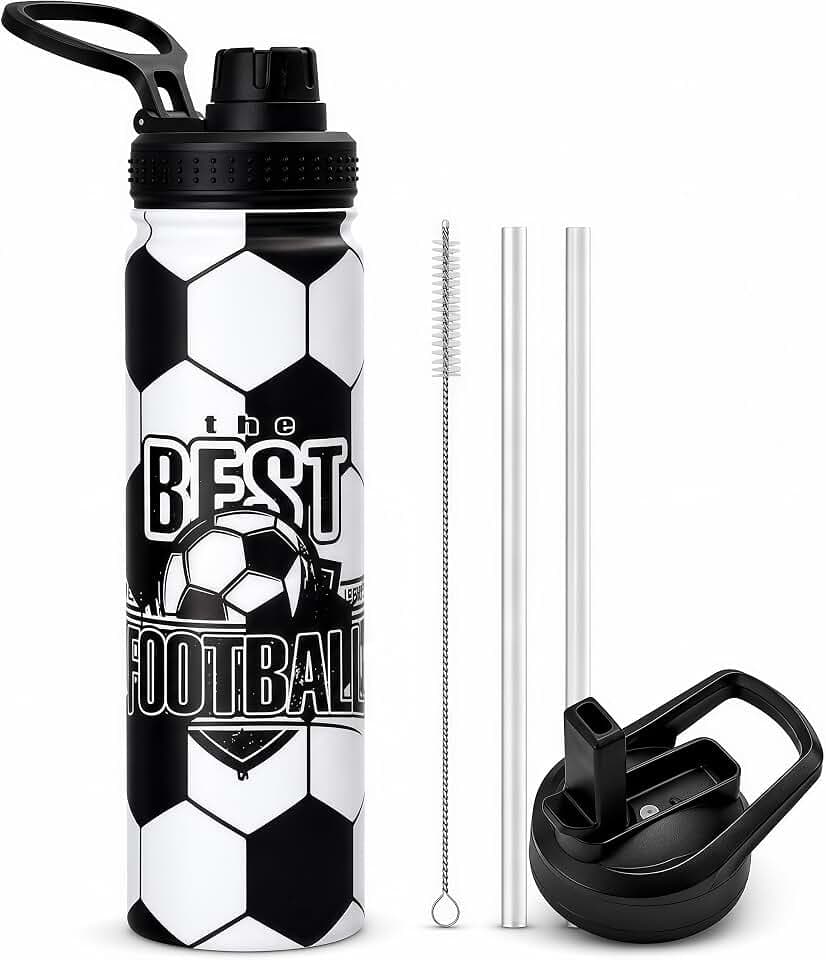Soccer Water Bottle, 24 oz Insulated Stainless Steel Sports Bottle with Straw, Soccer Stuff Gifts for Boys