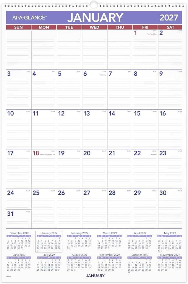 AT-A-GLANCE 2027 Wall Calendar, Monthly, 508 x 762 Mm Planner, Ruled Daily Blocks, PM42827, White