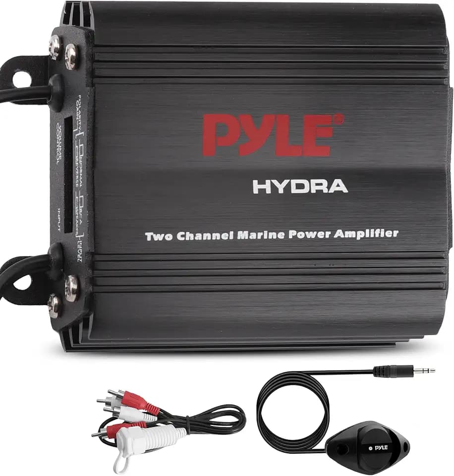 Pyle 2-Channel Marine Amplifier, 400W Waterproof Amplifier for Boat Stereo Systems, Compact Marine Audio Amplifier with Wired Volume Control, RCA/AUX/MP3 Input, Weatherproof Design for Outdoor Use