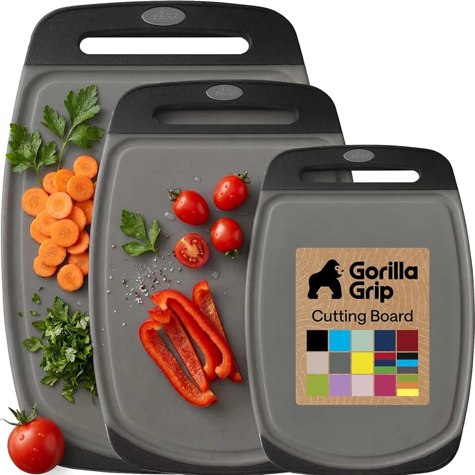 GORILLA GRIP BPA-Free Reversible Kitchen Cutting Board, Set of 3 Gray Black
