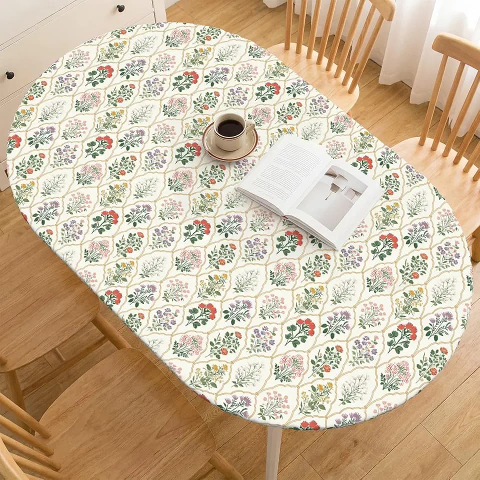 Horaldaily Spring Fitted Tablecloth for 64x44 Inch Oval,French Floral Beige