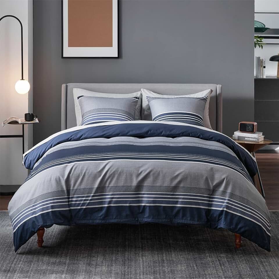 BEDSURE Bettwäsche 200x200 3teilig - Blau Gestreift, 2x80x80 Kissen