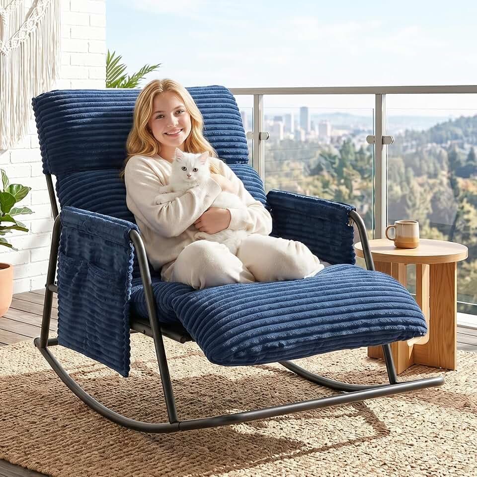 Oversized Corduroy Rocking Chair with Footrest, 3-Level Recliner Navy
