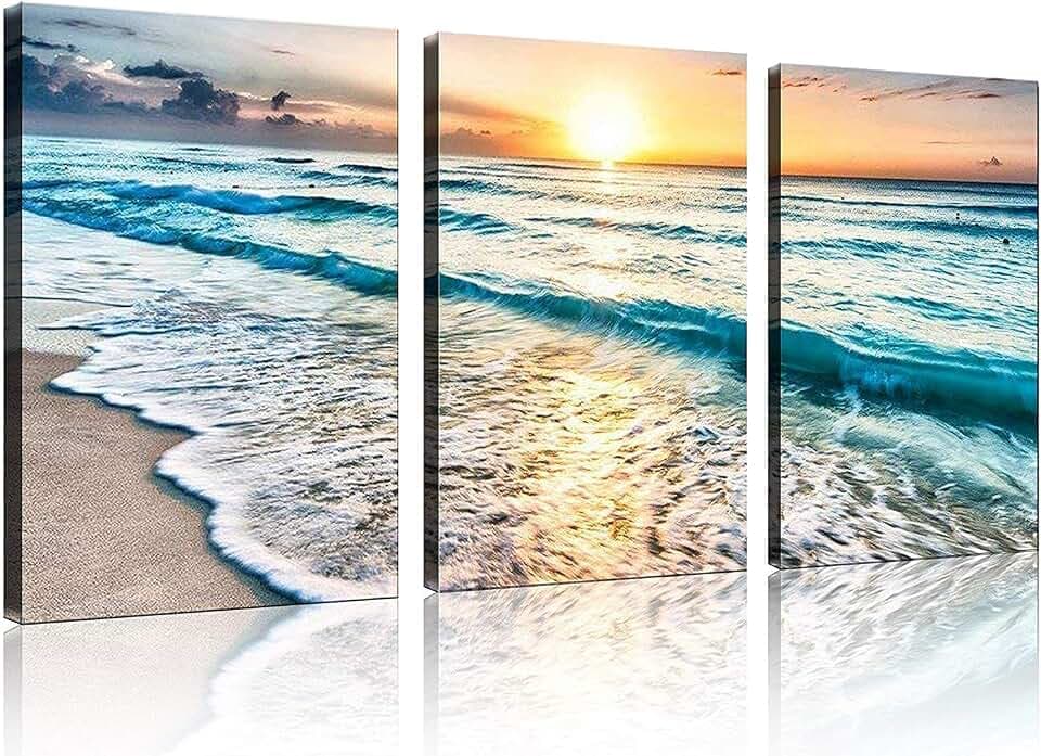 TutuBeer 3 Panel Canvas Wall Art for Home Decor Blue Sea Sunset White Beach Painting the Picture Print on Canvas Seascape the Pictures For Home Decor Decoration,Ready to Hang