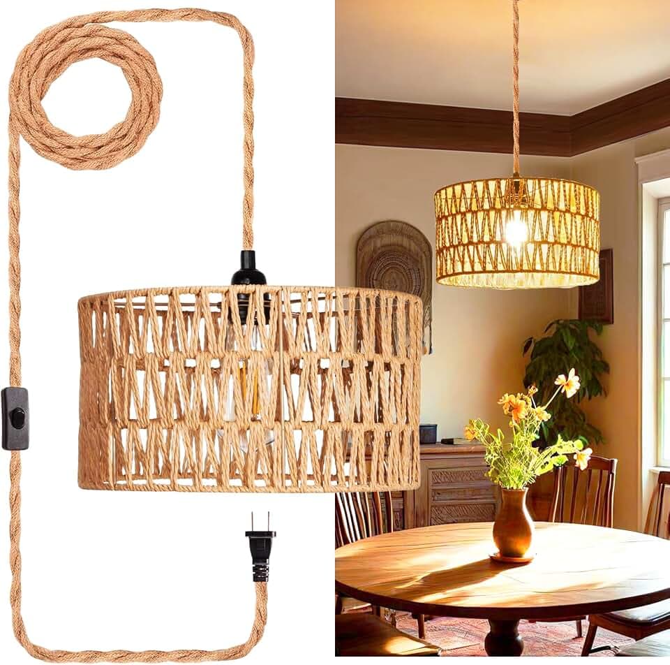 Plug in Pendant Light,Rattan Hanging Lights with Plug in Cord,Handmade Hanging Lamp Plug in,Rattan Light Fixtures Ceiling Hanging for Living Room Bedroom