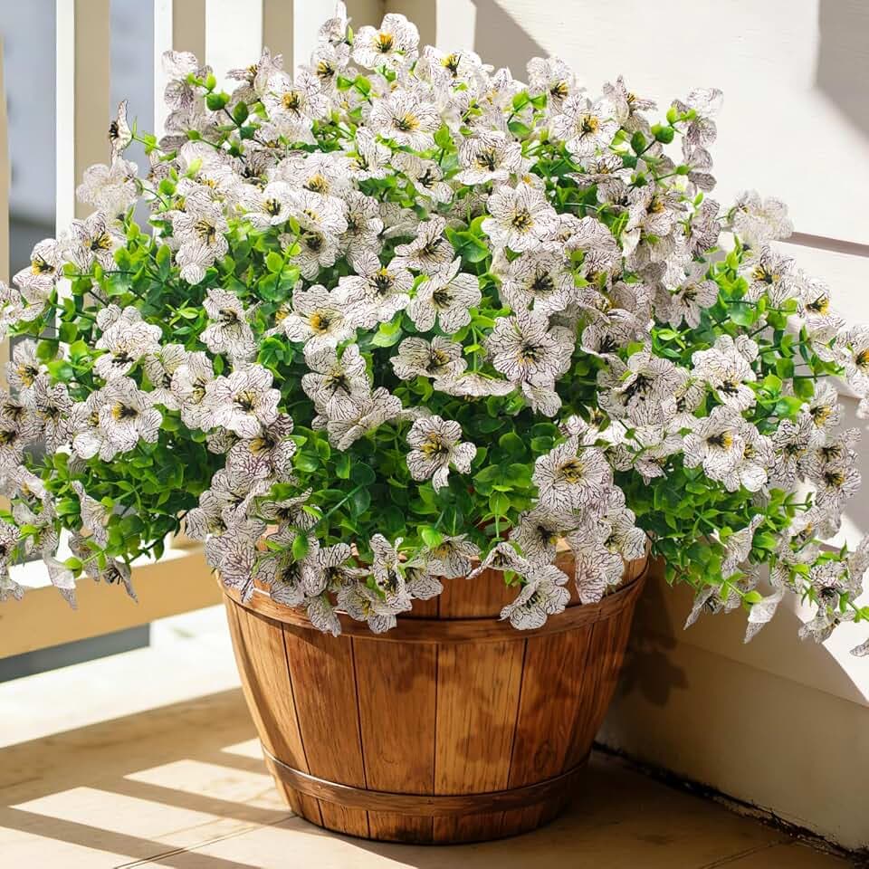 Grunyia 20 Bundles Artificial Flowers for Outdoors, UV Resistant Fake Plants Flowers Greenery Shrubs Plants for Decoration Outside Plants Hanging Planter Home Garden Decor (White)
