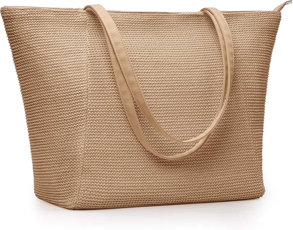 KALIDI Große Strohtasche Strandtasche mit Reißverschluss Marine Recycelter Kunststoff Strohähnliches Design Tragetasche für Sommerurlaub und Alltag